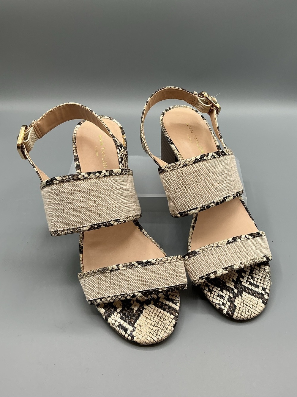 Ann Taylor Linen & Snake-Print Block Heel Sandals in Beige, size 6
